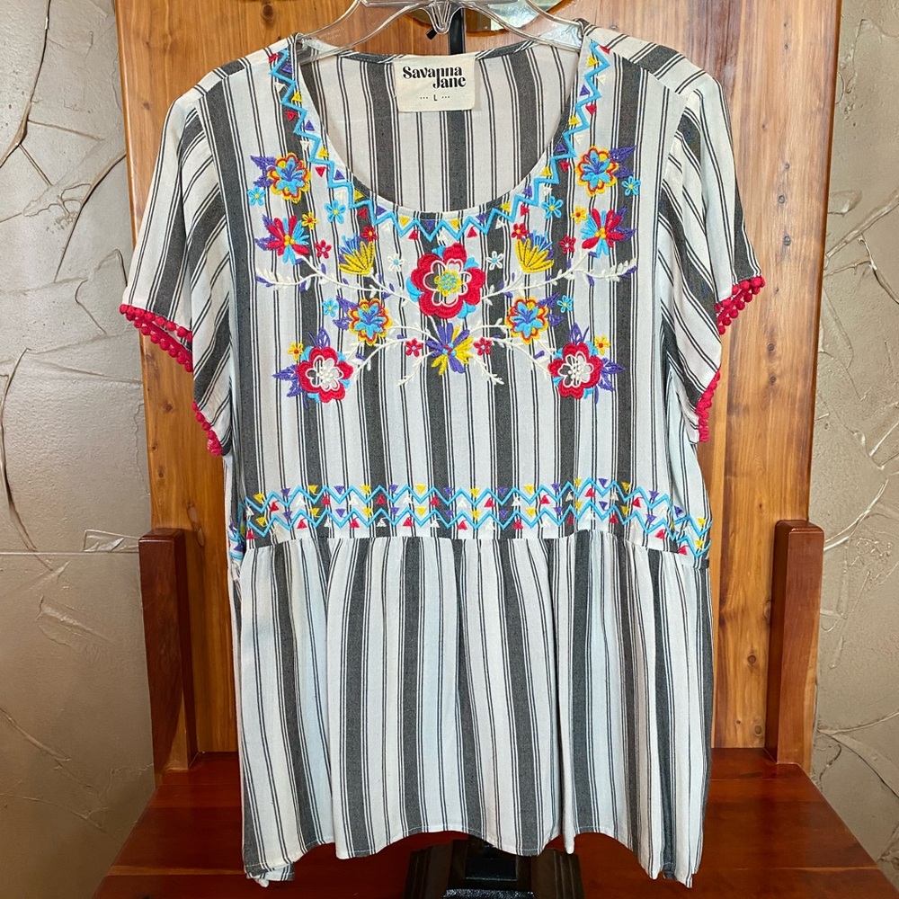 Savanna Jane Floral Embroidered Striped Blouse - Black, White, Multicolor